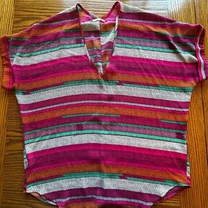 Lush Vibrant Striped short sleeve Vneck Blouse Pink Orange White Size M